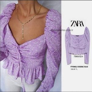 ZARA Lavender Floral Eyelet Tie-Front Peplum Blouse